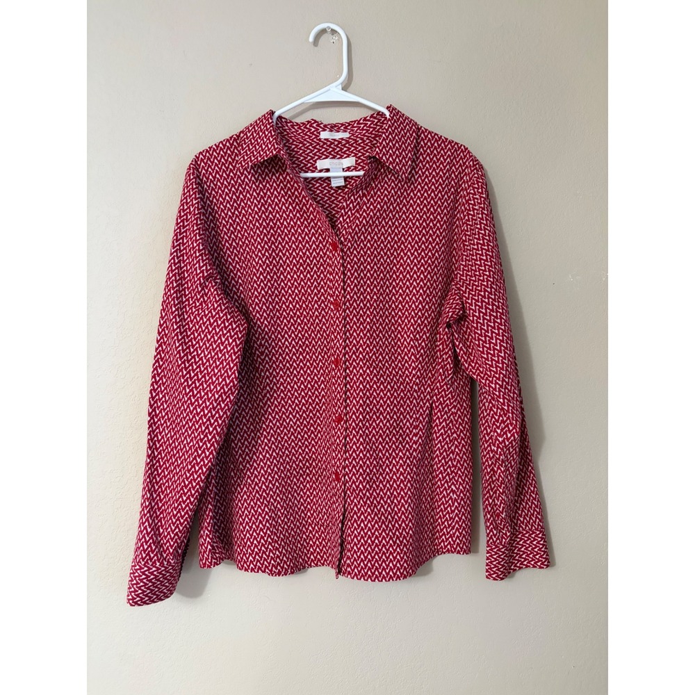 Chicos No-Iron Red White Chevron Geometric Button Down Shirt Womens Size 3 or XL